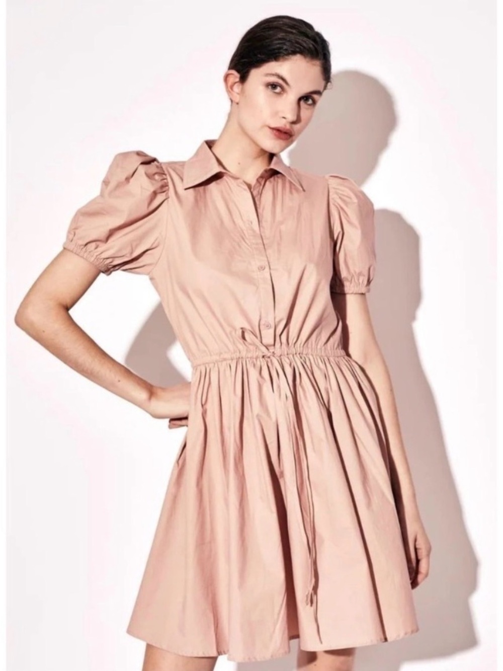 Deluc Blush Pink Puff-Sleeve Mini Shirt Dress